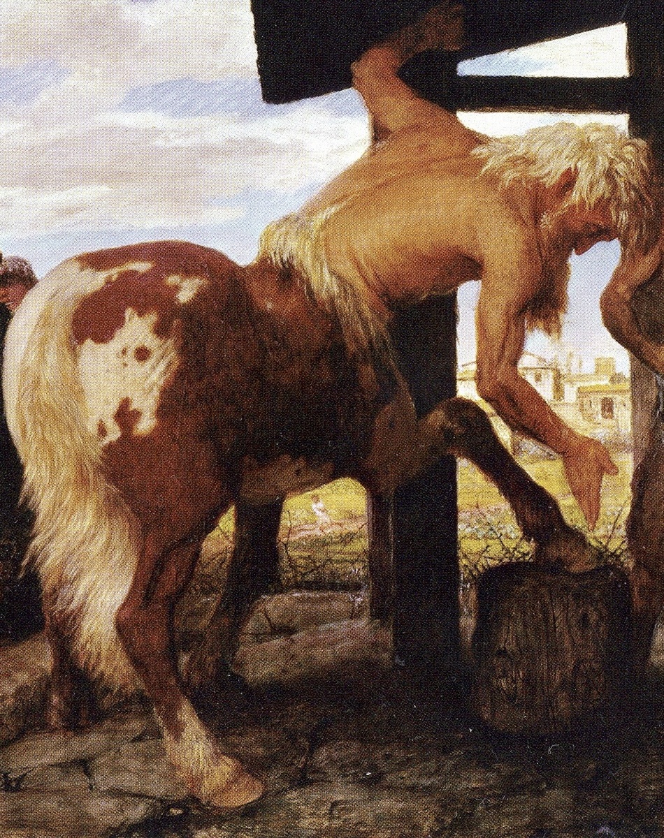 Арнольд Бёклин, «Кентавр в деревенской кузнице», фрагмент. 1888 год. Дерево, масло. 78,5 х 100 см. Венгерская национальная галерея, Будапешт, Венгрия. 