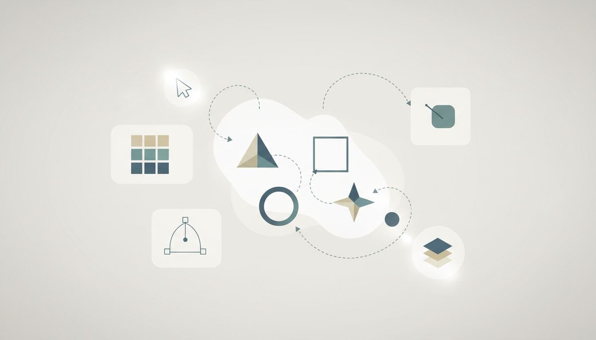 Минималистичная векторная иллюстрация, показывающая процесс создания цифровой графики.