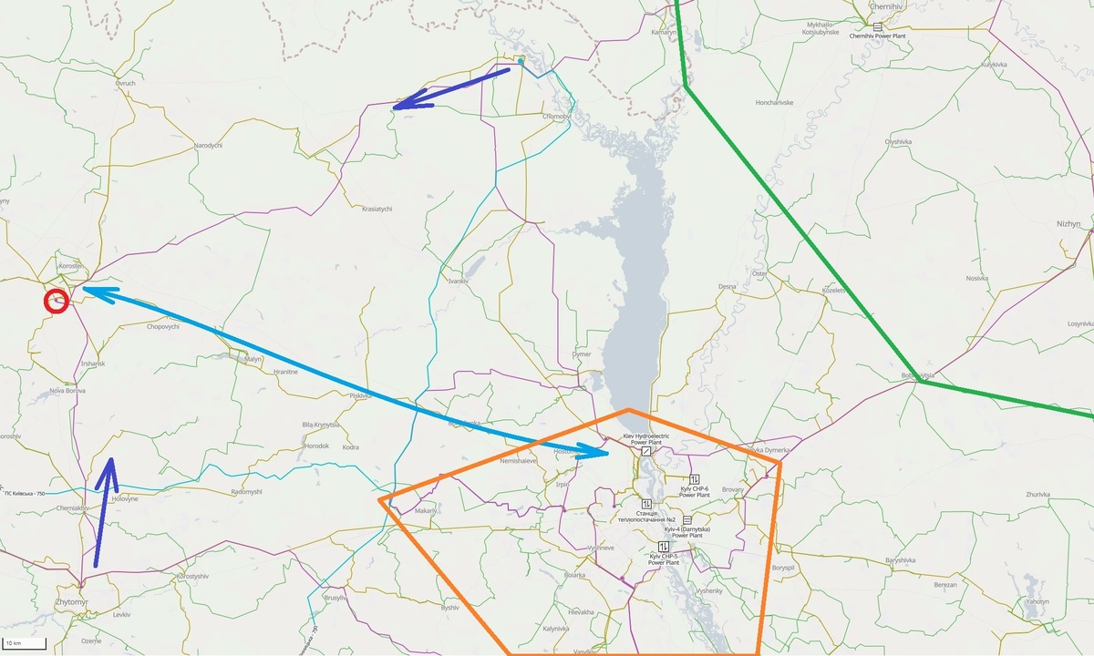Красный кружок – ПС 330 кВ Лесная, рыжее – киевский энергоузел, зелёное – проблемное электроснабжение на Северщине. Транзит 110 кВ Лесная – Киев (ПС Северная, голубая стрелка), конечно, достаточно условный, а вот отъём мощности по сети 110 кВ от подпирающих Киев прямо (ЧАЭС) или косвенно (ПС Житомир) – совсем не условный