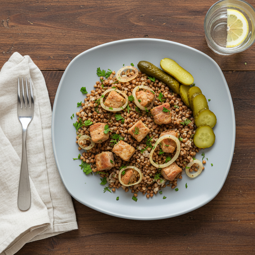 Свинина с гречкой и солёными огурцами