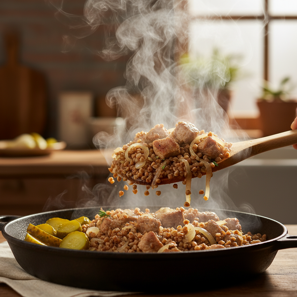 Свинина с гречкой и солёными огурцами