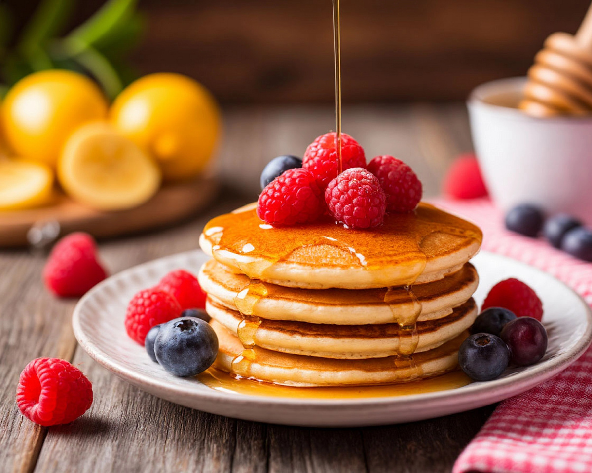 Пышные панкейки на молоке: идеальный завтрак за 30 минут. Пошаговый рецепт 🥞🍯🫐