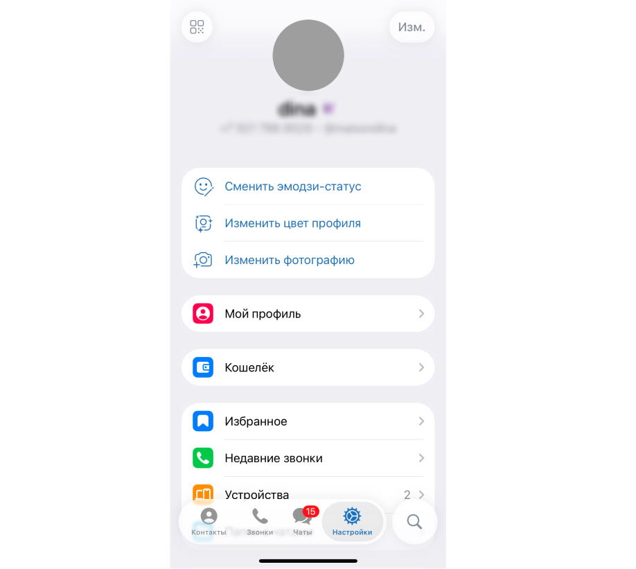 Дина Майсон📷Меню настроек в Telegram на айфоне