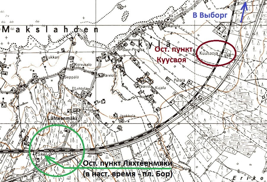 Остановочный пункт Куусаоя (участок Койвисто-Выборг) на топографической карте 1938 г. издания