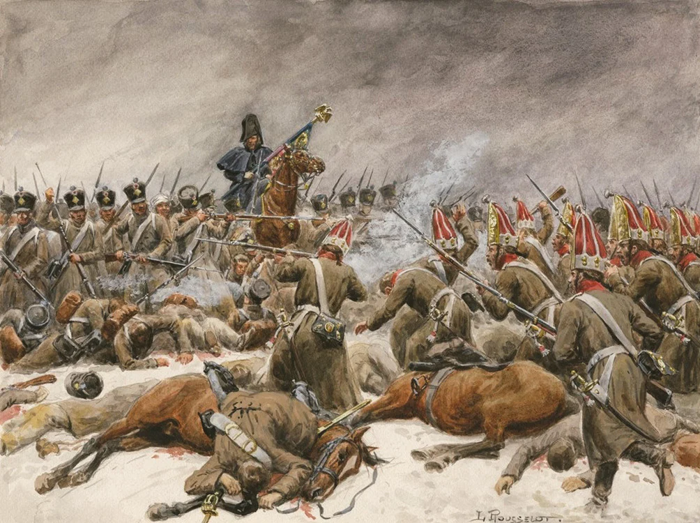 Русский офицер с пехотой и полковым знаменем отражает французскую контратаку (слева)