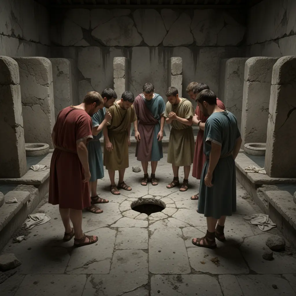 Изображение ИИ. Древние римляне пытаются справить нужду в общественном туалете