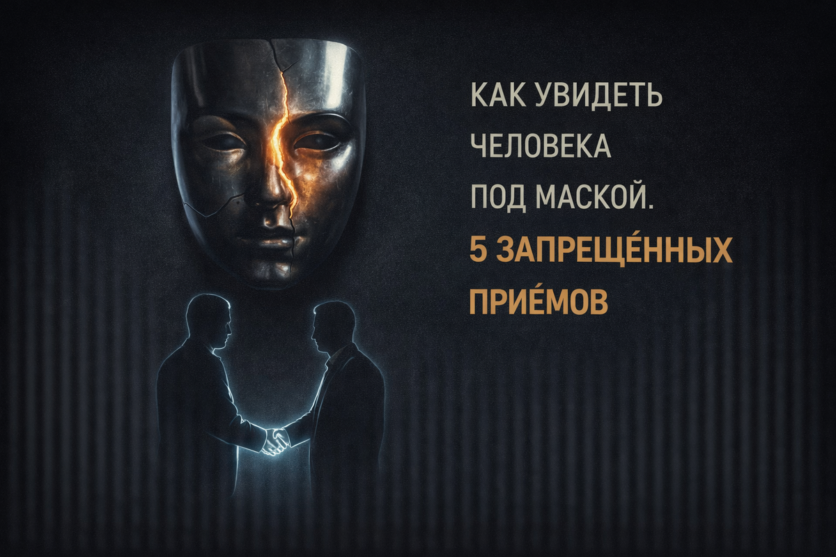 Треснутая металлическая маска, из трещины видно светящееся человеческое лицо. Силуэты мужчин, пожимающих руки с рентгеновской подсветкой. Заголовок: Как увидеть человека под маской. 5 запрещённых приёмов