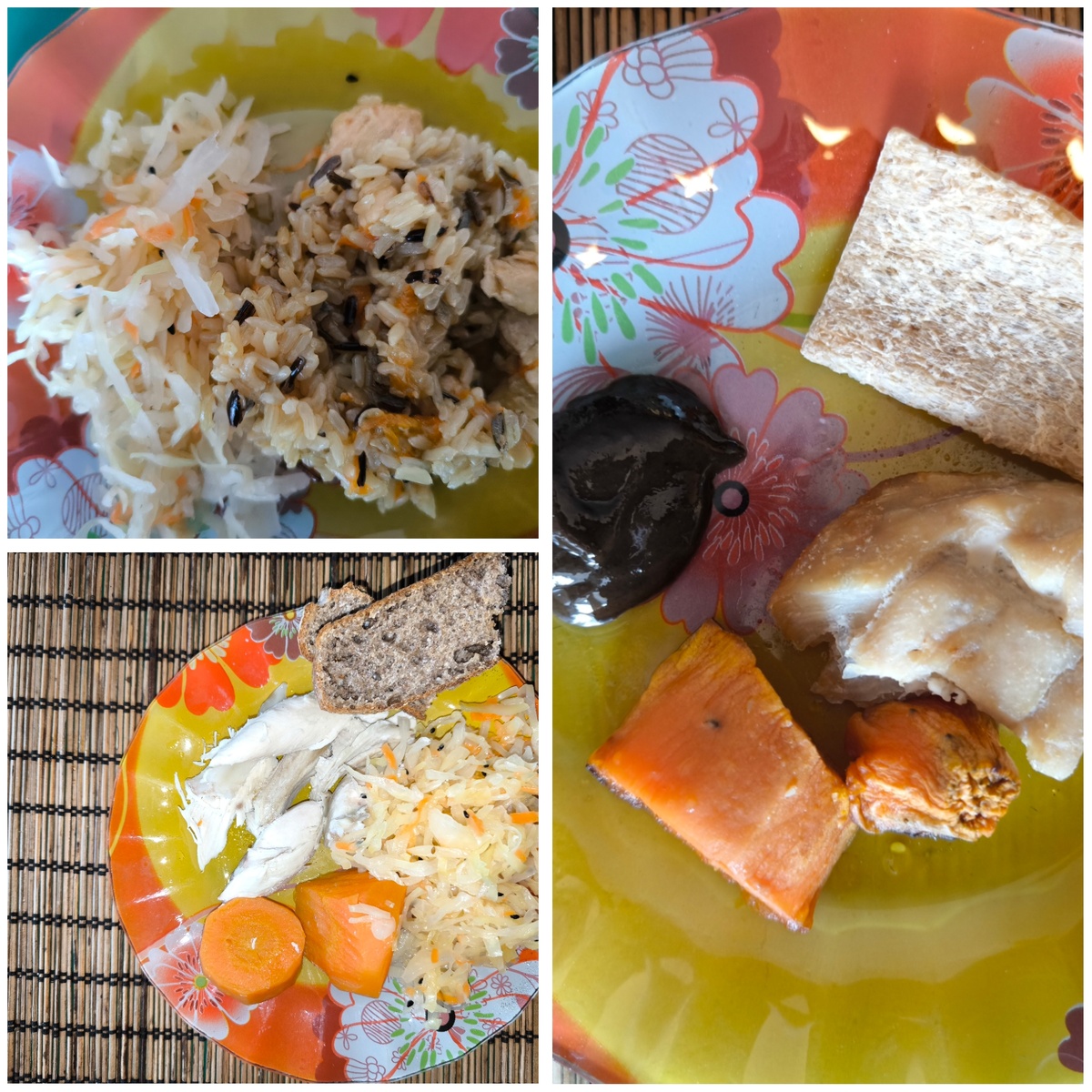 Обеды и ужины: Рис бурый, квашенная капуста, батат и курица в различных вариациях