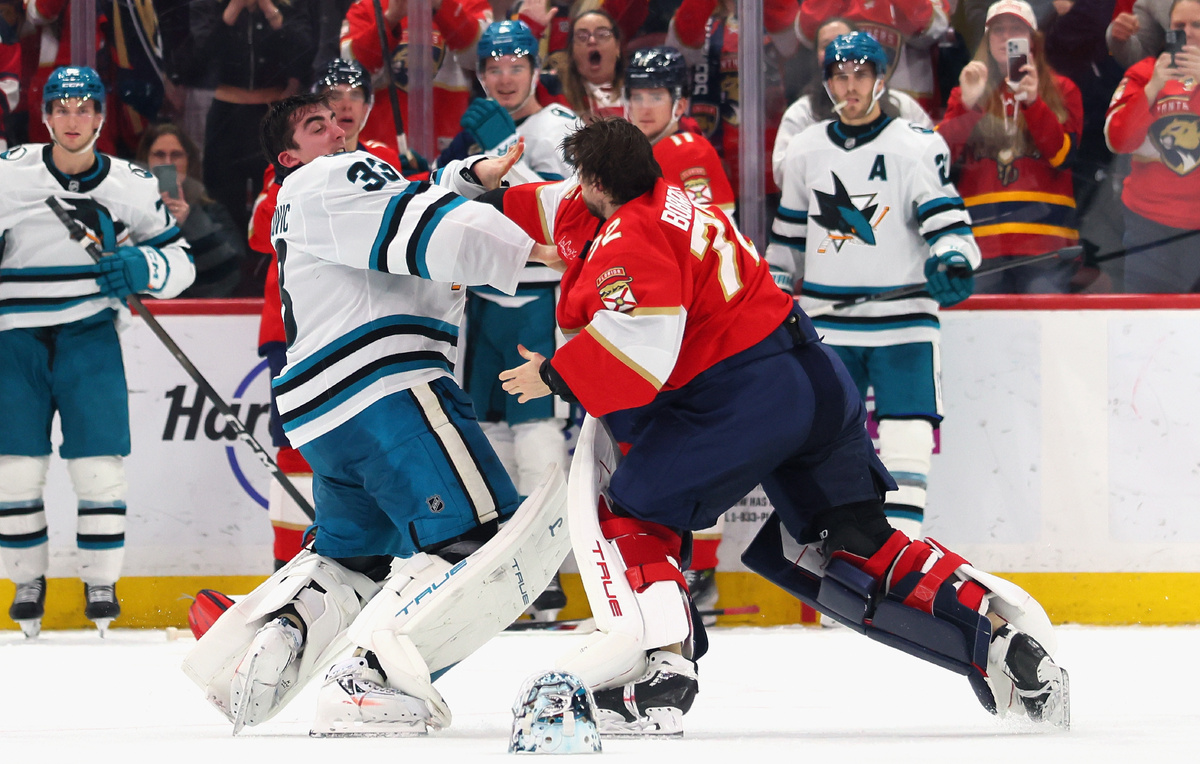    Голкипер "Сан-Хосе" Алекс Неделькович и вратарь "Флориды" Сергей Бобровский  Bruce Bennett/Getty Images