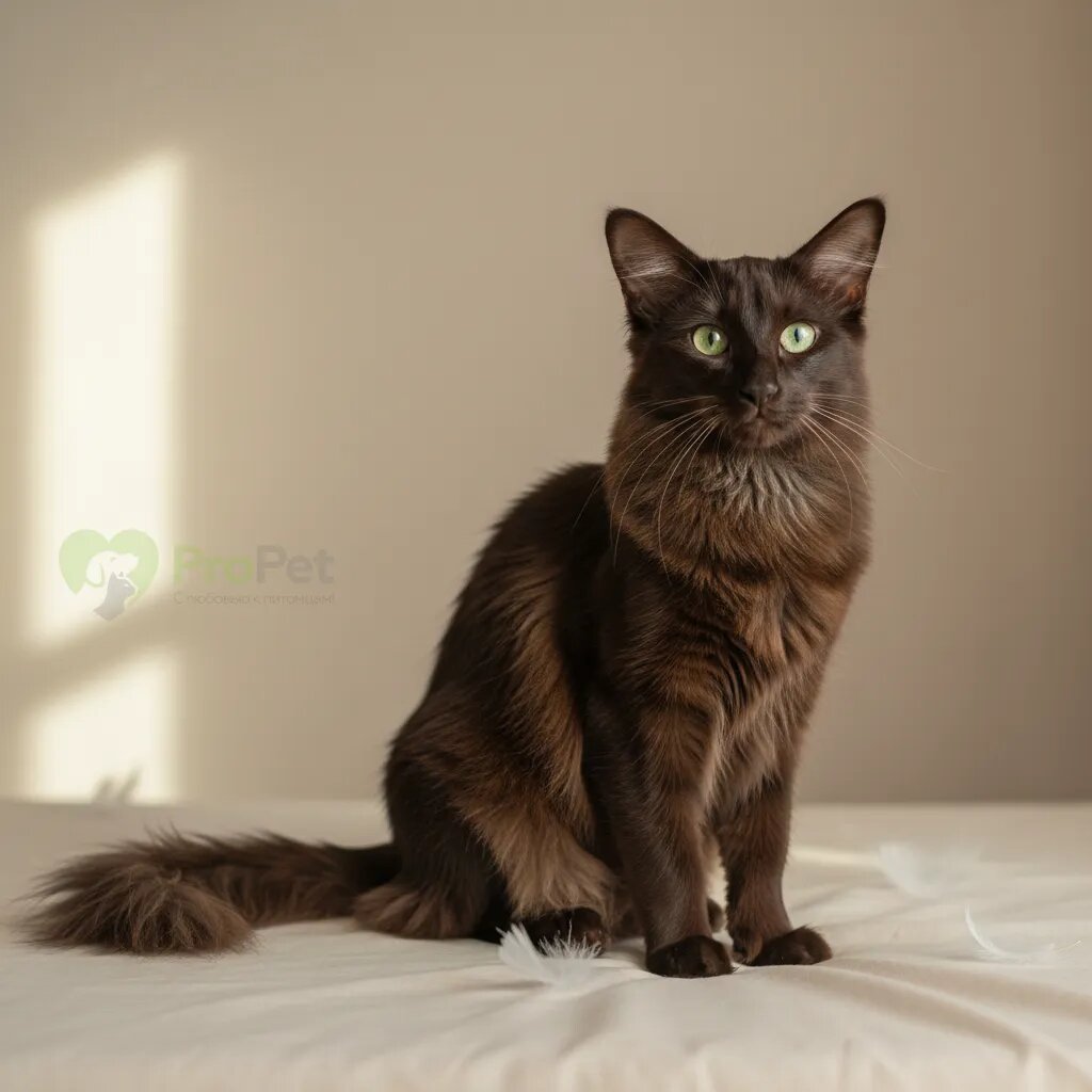 Ориентальная длинношерстная кошка шоколадного окраса на светлом фоне