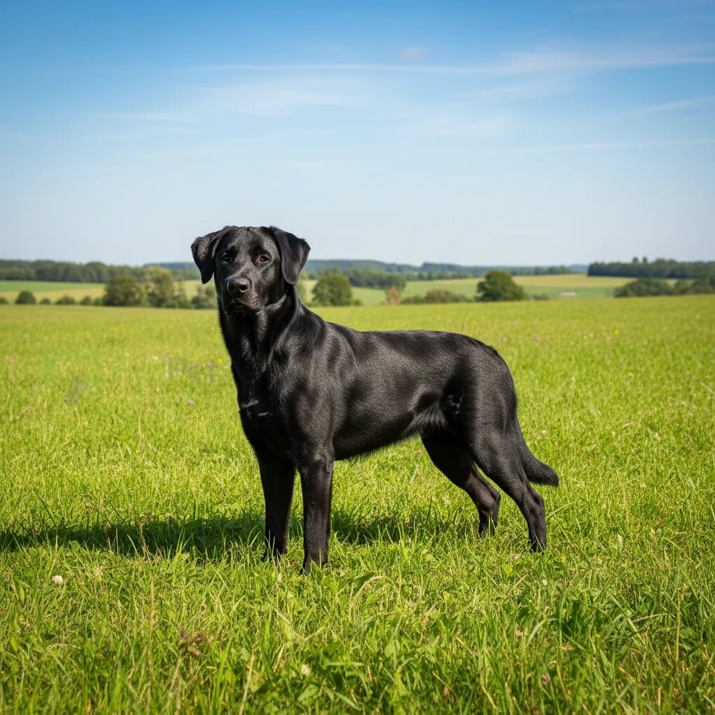 Ховаварт черного окраса в стойке на фоне зеленого луга