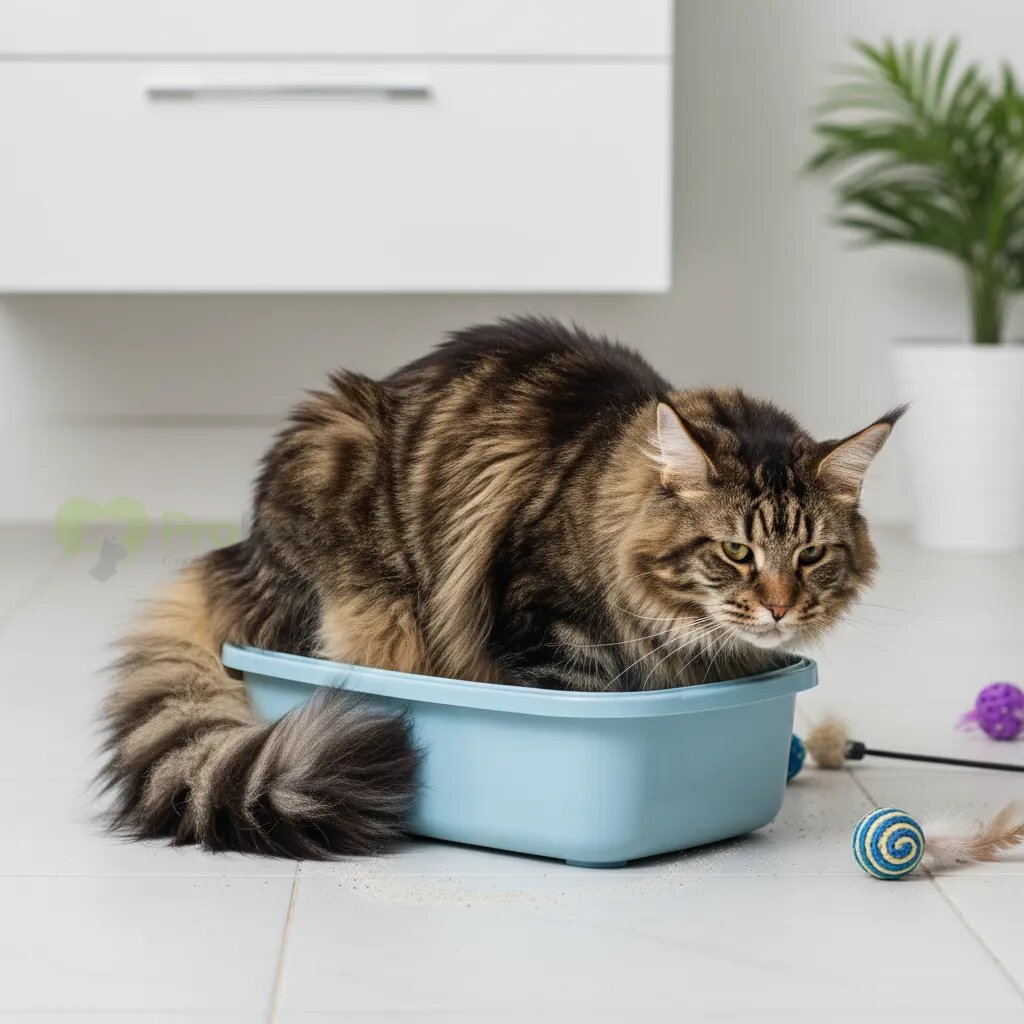 Крупная кошка породы мейн-кун с трудом помещается в маленький стандартный лоток.