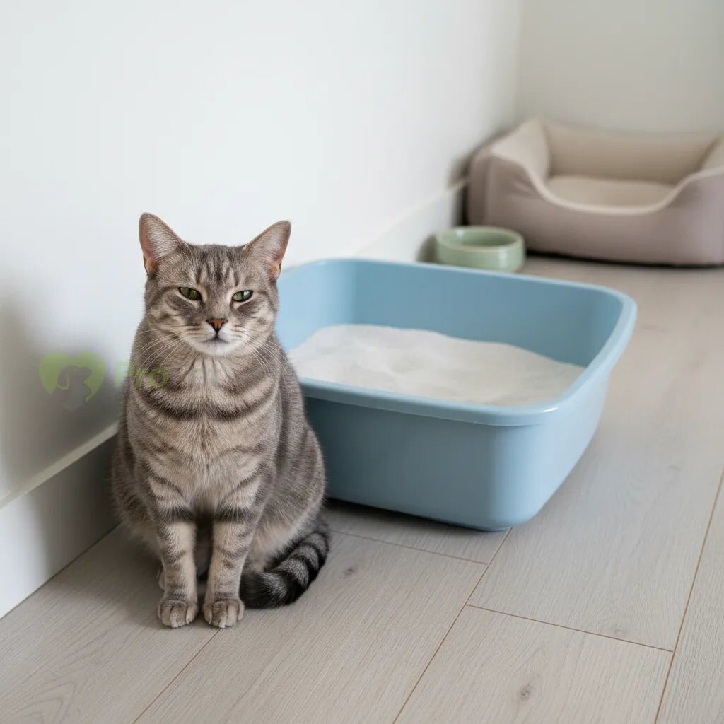 Спокойная кошка серого окраса сидит рядом с чистым лотком.