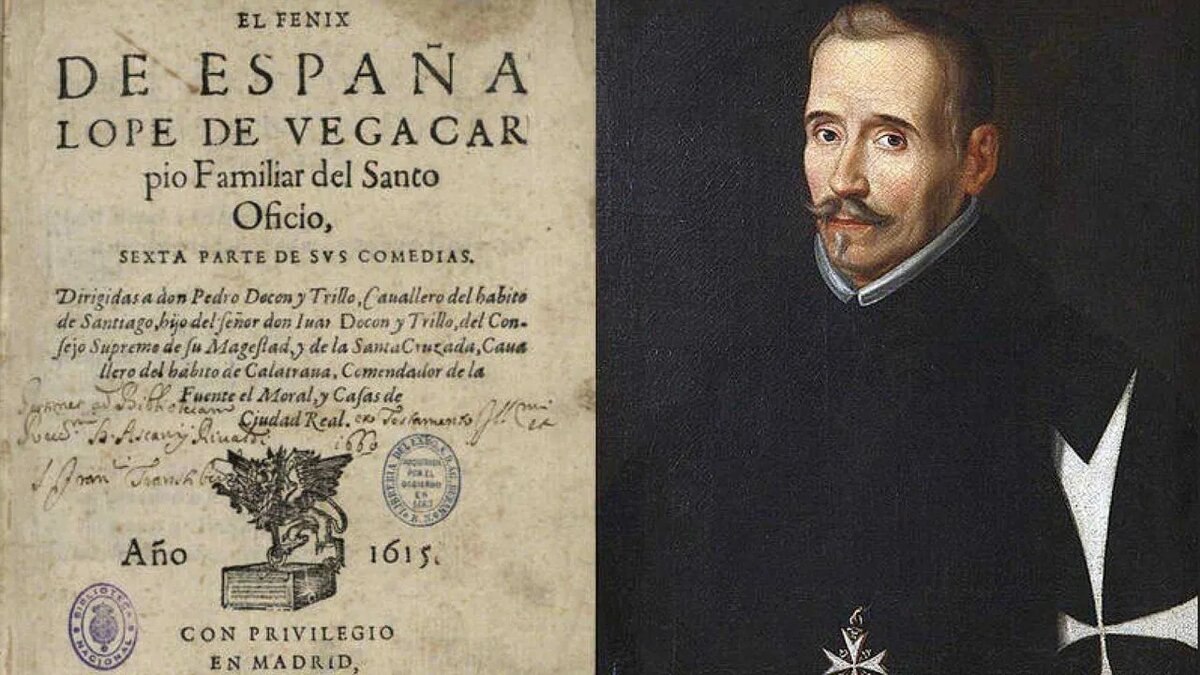 Вот он, Лопе де Вега, автор примерно двух тысяч пьес, почти трёх тысяч сонетов, ряда романов и поэм. И одно из первых изданий его книг