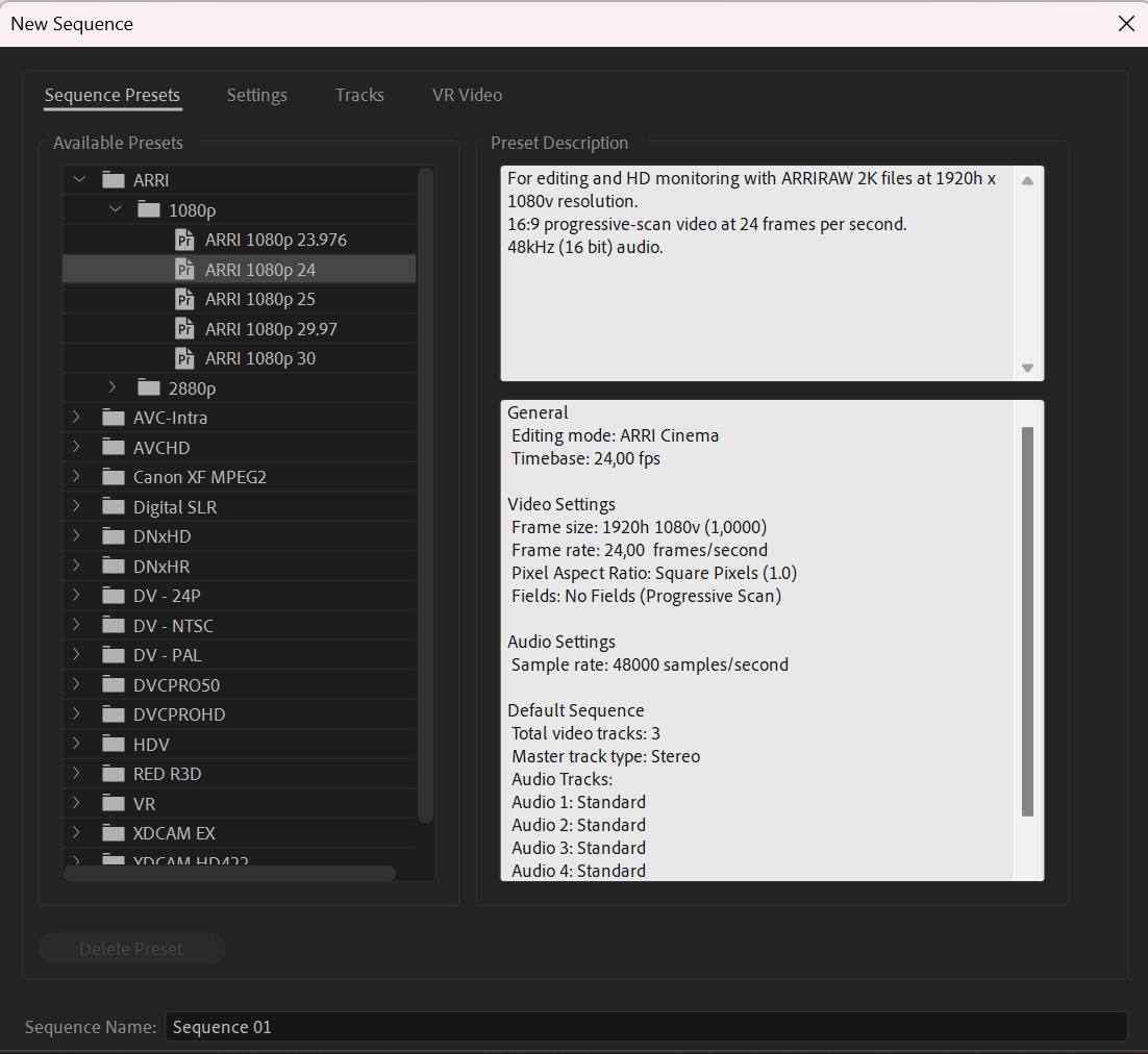 Окно New Sequence в Premiere Pro