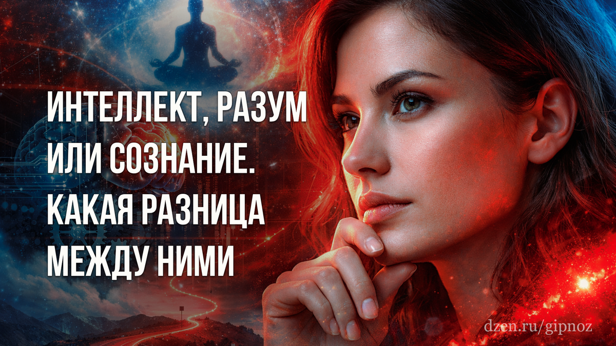 Обложка для статьи о разнице разума, интеллекта и сознания.