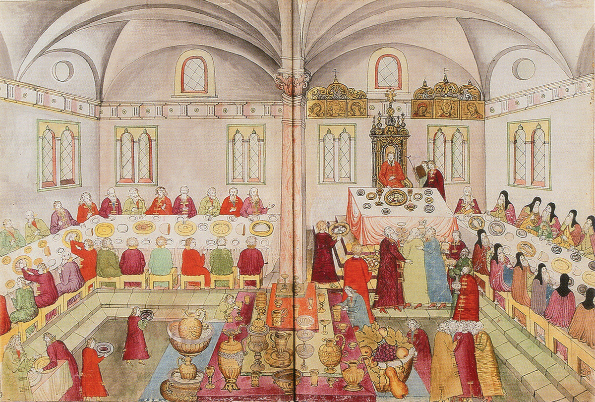 Царский пир в Грановитой палате Московского Кремля. Миниатюра. 1673 г, for-school.kreml.ru