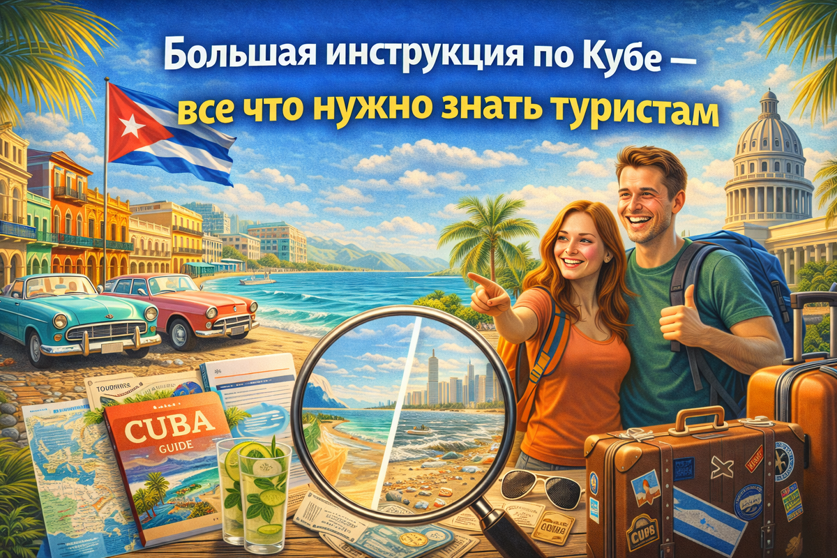 Обложка к статье "Гайд по отдыху на Кубе в 2026 году". В статье присуствуют партнерские ссылки: Реклама. ООО «Тревел Технологии». ИНН 7731340252, Реклама. ООО «Левел Тревел». ИНН 7716697924.
