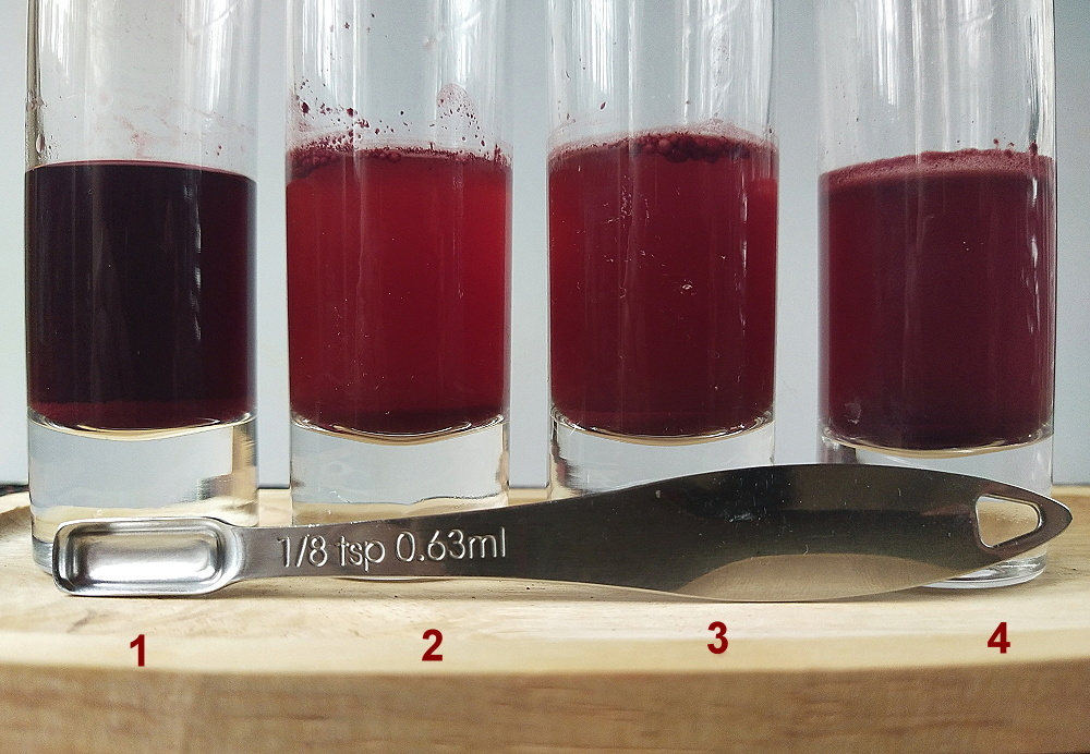 Растворы пигмента в различных средах после часовой выдержки.