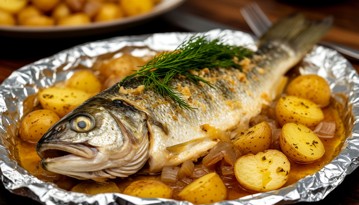 🐟 Запечённая треска по-мурмански: как её готовили на флоте — с картофелем, луком и топлёным маслом под фольгой.