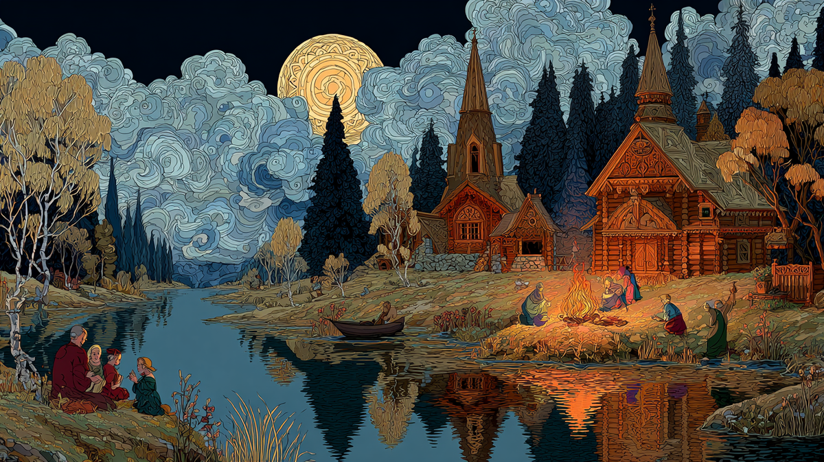 Тихий вечер у костра — дед да баба шепчут малышам древние речные сказки. А может, и сам водяной слушает в тени?