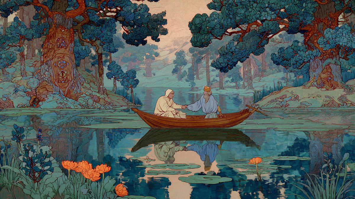 На заре мельник осторожно склоняется к воде, чует — здесь не только рыба водится… А вдруг сейчас появится сам речной властелин?