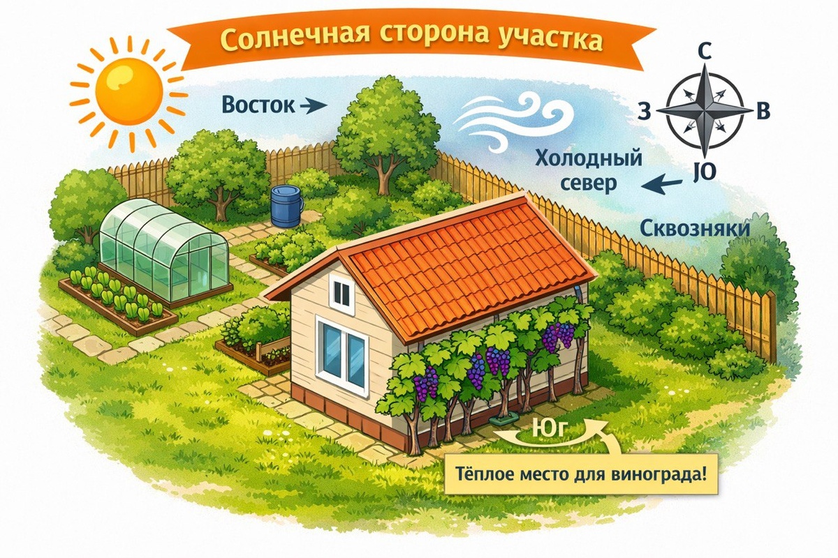 Схема участка с указанием солнечной стороны