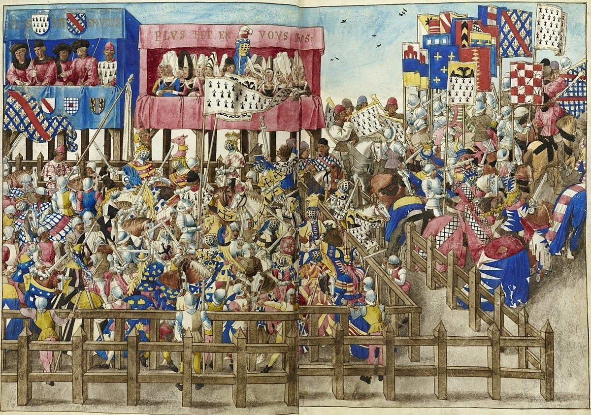 Свалка в ходе бугурта. Рисунок из «Книги турниров» Рене Анжуйского