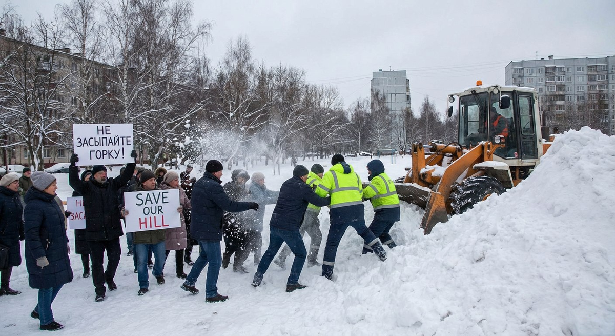 В Краснодаре местные жители устроили драку, чтобы не дать рабочим засыпать снежную горку землей. Фото: нейросеть
