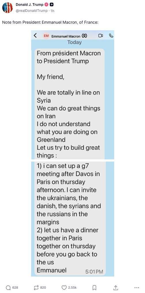     Переписка Дональда Трампа и Эммануэля Макрона     
Скриншот: Truth Social
