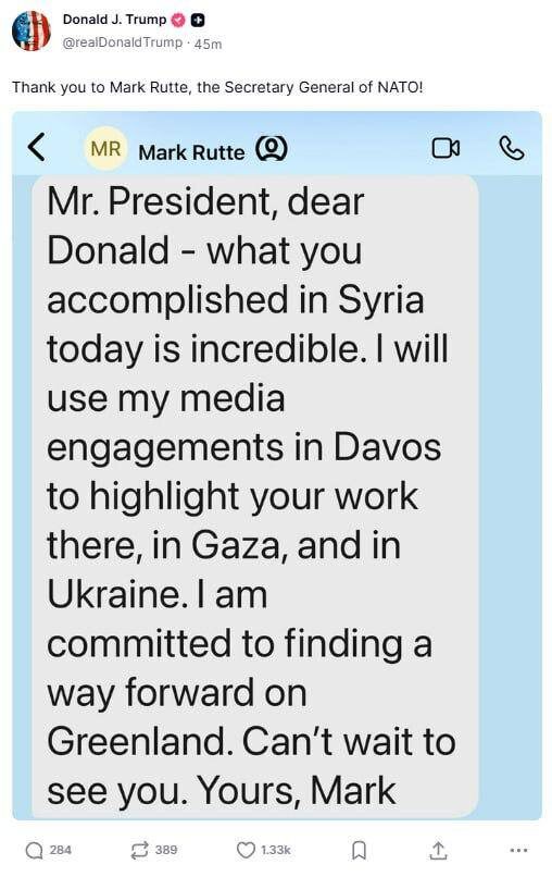    Переписка Дональда Трампа и Марка Рютте    
Скриншот: Truth Social