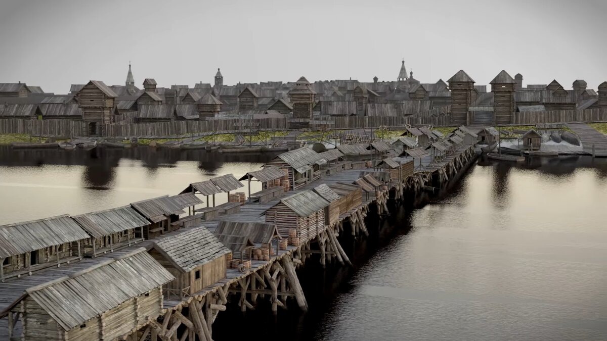 Вид на мост с торговыми лавками. Реконструкция. Автор: Денис Федоров.