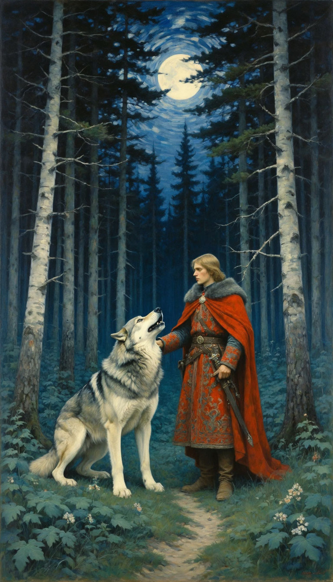 Иллюстрация к русской сказке: Иван-царевич и Серый Волк в ночном лесу