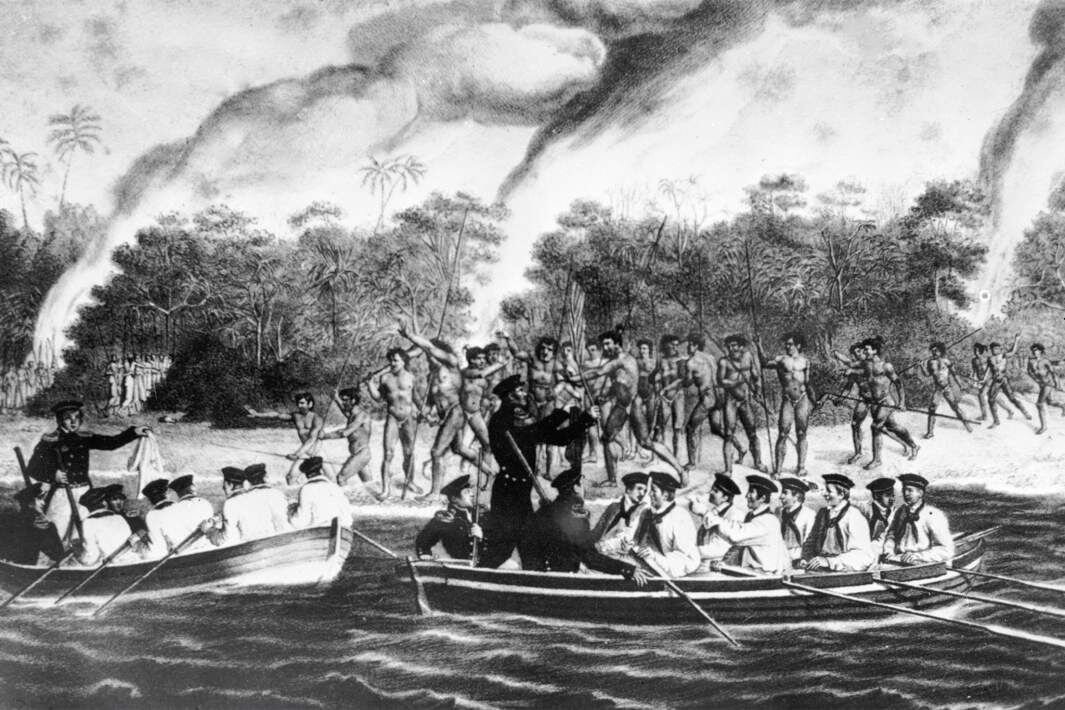 «Туземцы кораллового острова Моллера встречают русских моряков» — репродукция рисунка с натуры художника П. Михайлова, участника первой антарктической экспедиции на шлюпках «Восток» и «Мирный» под руководством Фаддея Беллинсгаузена и Михаила Лазарева
Фото: РИА Новости