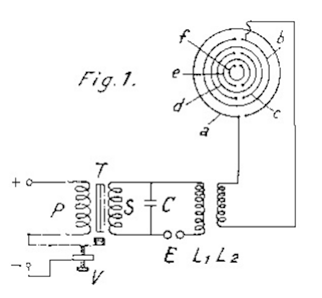                  Оригинальная схема мультиволнового осциллятора Лаховского:
T — трансформатор (P первичная обмотка, S вторичная обмотка, V — регулировочный винт, C конденсатор, обеспечивающий разряд между электродами E, который обеспечивает колебания самоиндукции в катушке L1, которая , в свою очередь, индуцирует колебания в катушке L2; эта катушка самоиндукции второго уровня связана с одной стороны с первым внешним кольцом «a», с другой стороны со следующим кольцом «b». Таким образом формируется электростатическое поле высокой частоты, вызываеющее колебания в других кольцах «c», «d», «e», «f».