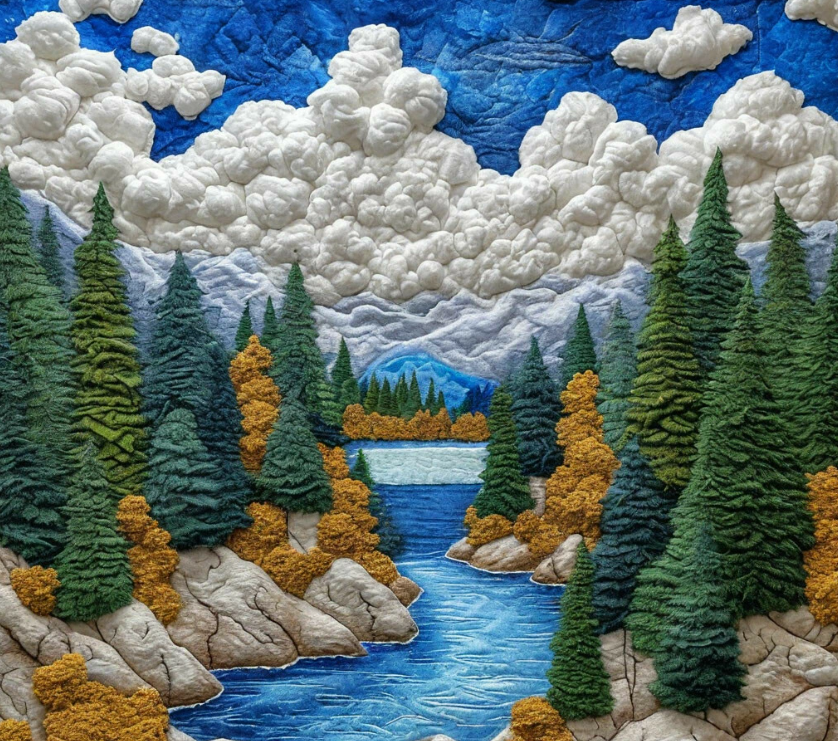 Художник Екатерина Бер. Объемная картина из объемной  ваты, все детали картины из ваты, горы из ваты, небо из ваты, лес из ваты, озеро из ваты, снег из ваты, объёмно, воздушно, нежные плавные переходы и линии, объёмное изображение