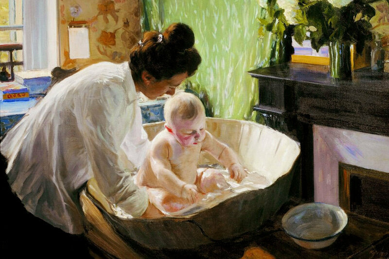 Кустодиев, Купание ребенка (утро). 1910