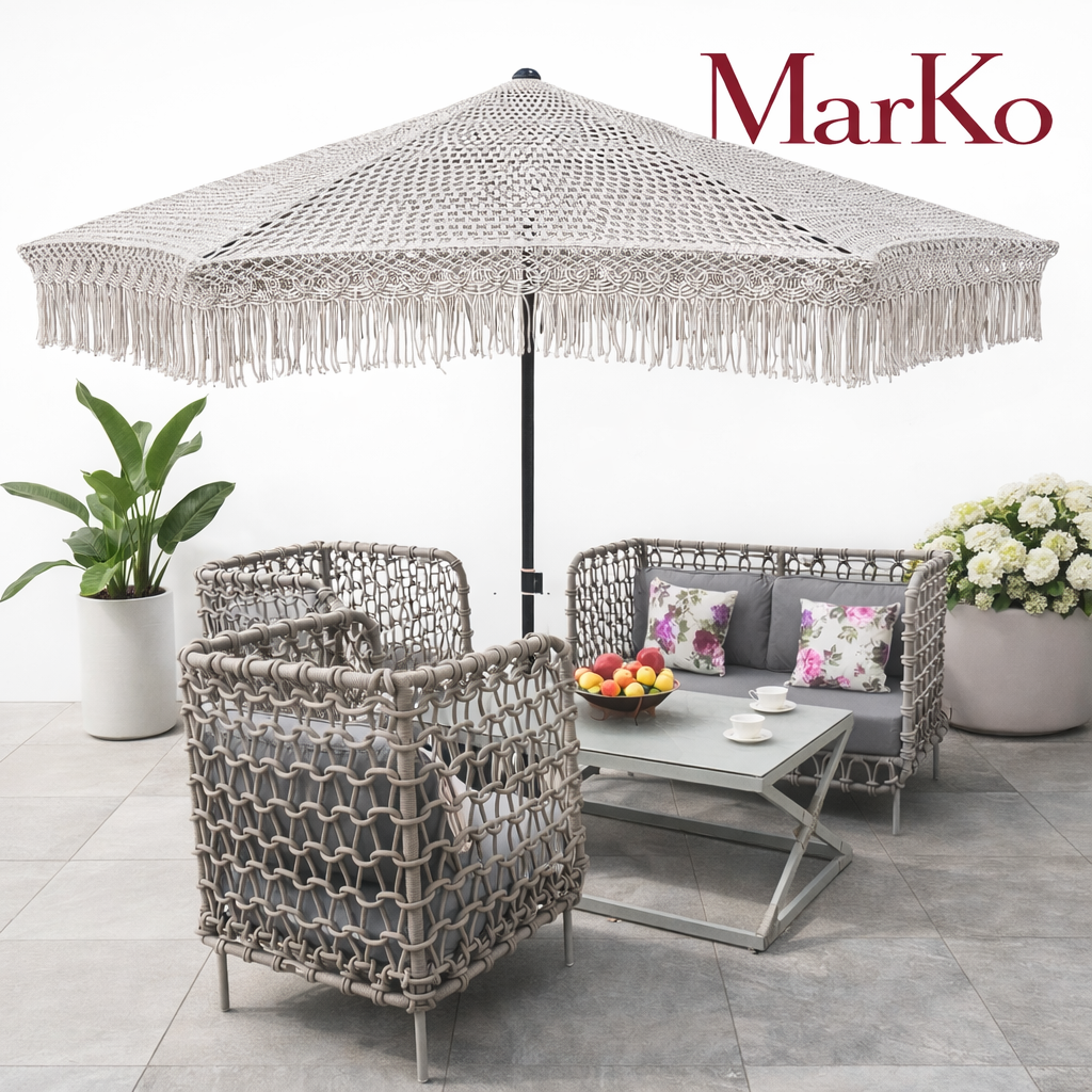Комплект плетеной мебели и плетеный зонт макраме от производителя Мастерская Марко г. Сочи.