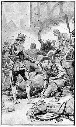 Будущий Ричард III посвящает Дика Шелтона в рыцари. Кстати, почему-то никакого горба у герцога Глостерского на картине нет... Источник: Википедия