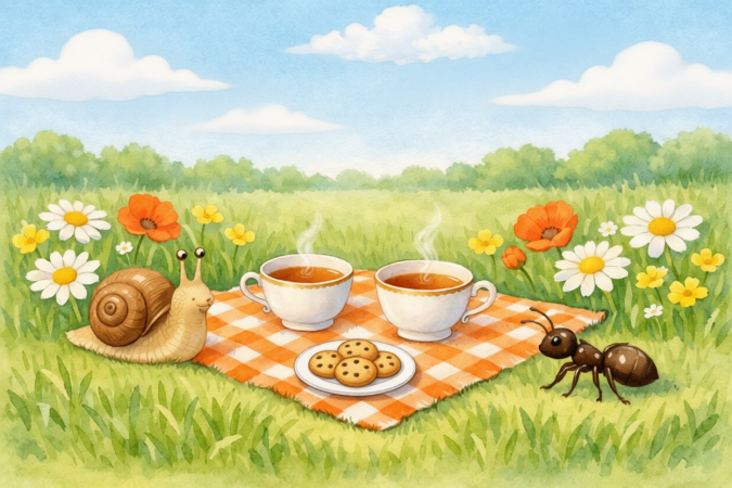 На солнечной поляне, где цветы расцветали в полную силу и ветер шептал сказки старых деревьев, Улитка и Муравей решили отдохнуть от своих повседневных забот.