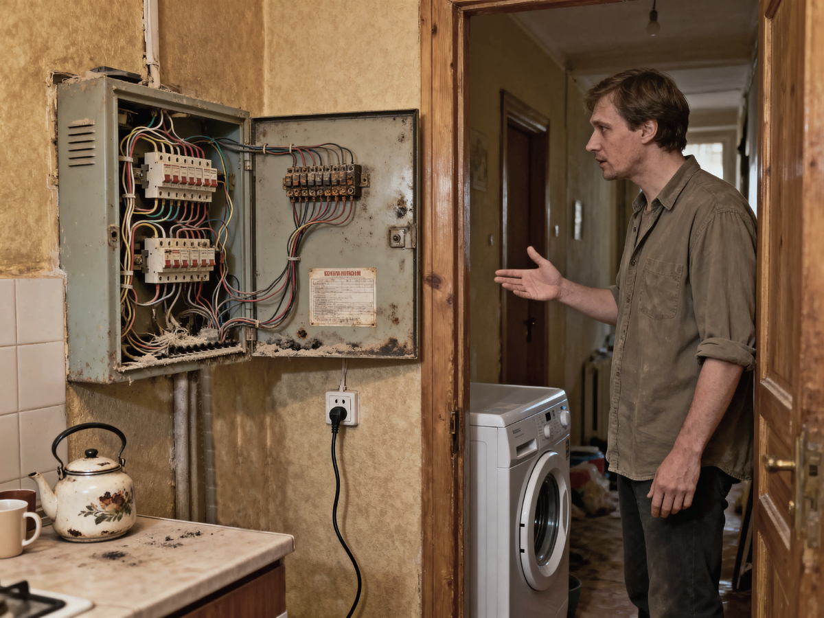 Фото: Старый, потрёпанный электрический щиток в подъезде или прихожей. Внутри — один центральный автомат, от которого веером идут старые, потрескавшиеся провода. Рядом стоит современная стиральная машина, чей шнур подключен к такой же старой розетке.