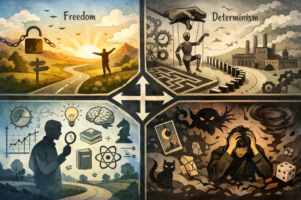 Изображение сгенерировано ИИ и носит сугубо иллюстративный характер: детерминизм и иррациональность имеют свои плюсы и минусы, как и свобода с рациональностью)