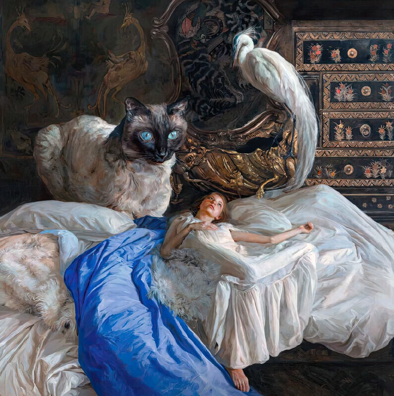 КАРТИНА ХУДОЖНИКА ГИЛЬЕРМО ЛОРКА ГАРСИЯ-УИЛДОБРО / Guillermo Lorca García-Huidobro / КОТ И ЦАПЛЯ / Холст, масло, 220 x 200 см., 2025