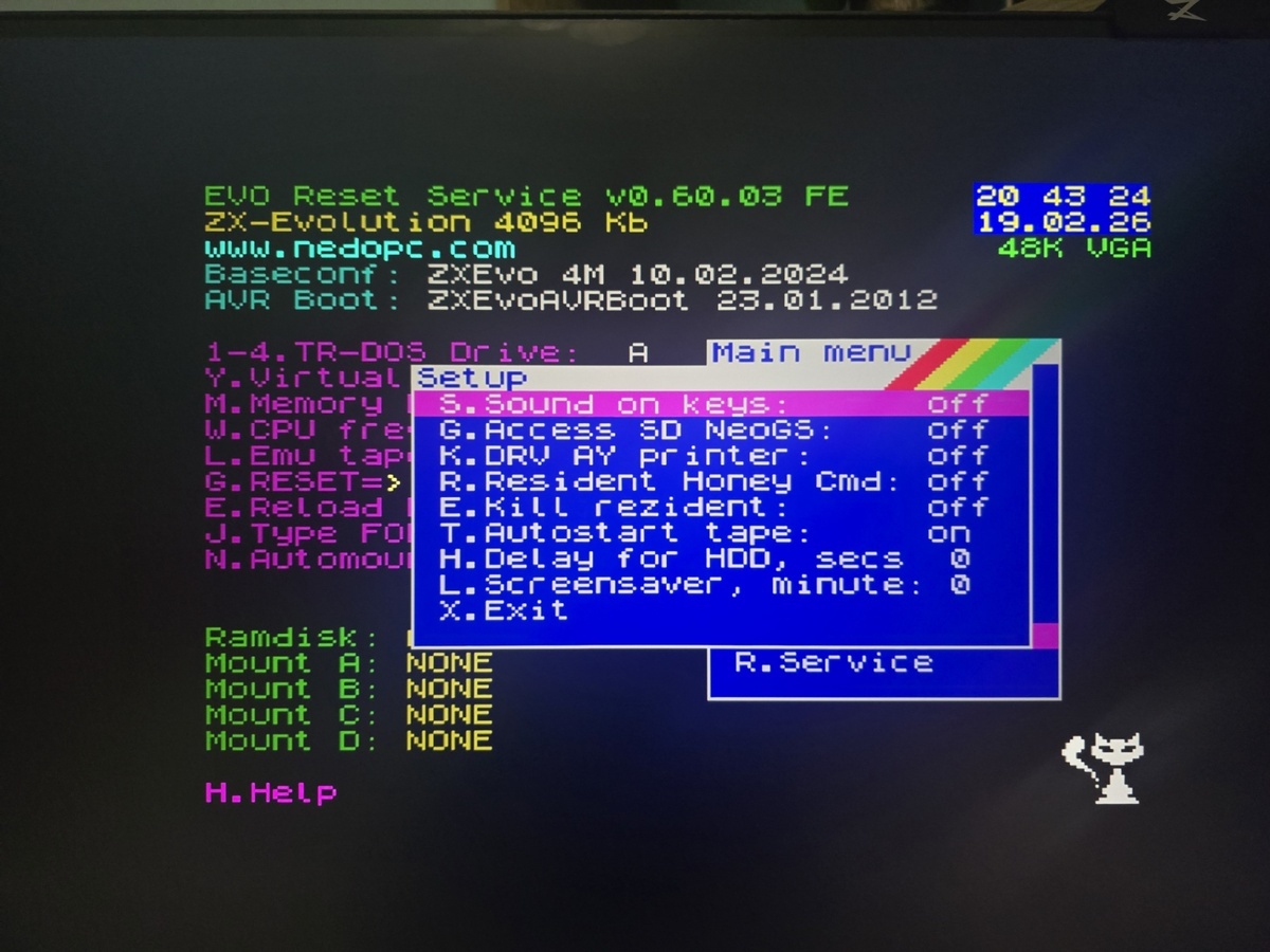 Меню "Setup" конфигурации EVO Reset Service.