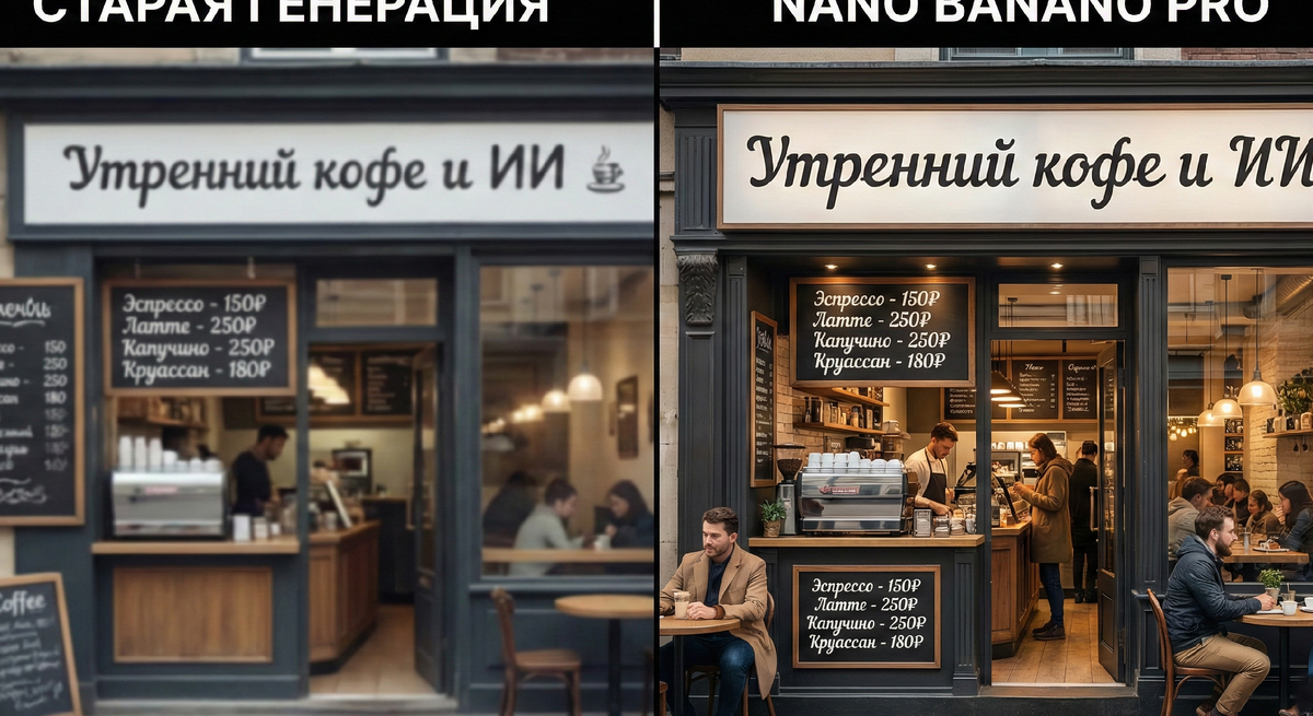 Сравнение генерации текста в старых нейросетях и новой Nano Banana Pro