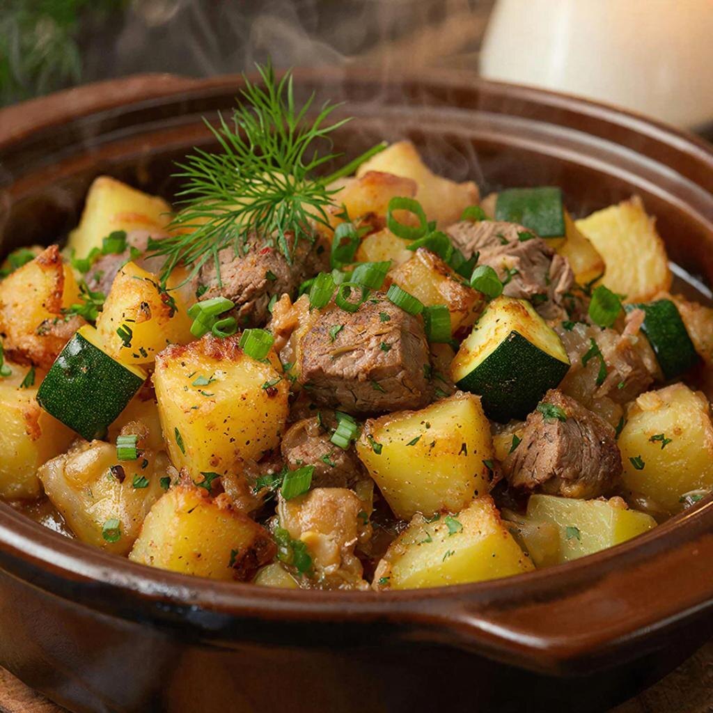 Сытное и ароматное блюдо: Картофель, тушенный с кабачками и мясом 