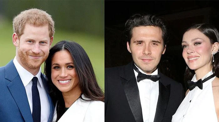 Гарри и Меган (слева)                                        Бруклин Бекхэм и его жена Никола Пельтц (справа)