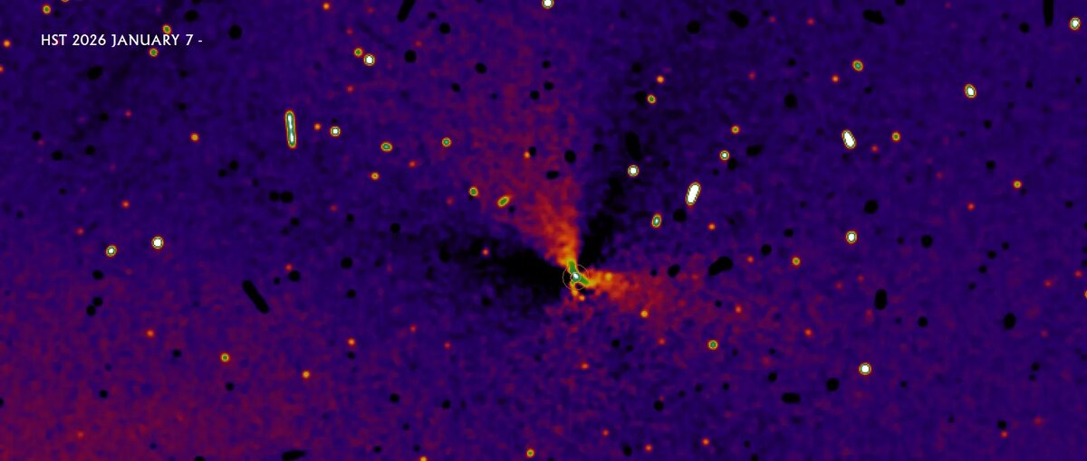 Hubble Space Telescope сфотографировал 3I/ATLAS 07.01.2026. 3I/ATLAS демонстрирует вращающуюся систему из трех мини-струй, расположенных на равном расстоянии друг от друга под углом 120 градусов