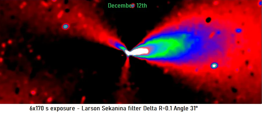 Hubble Space Telescope сфотографировал 3I/ATLAS 12.12.2025. 3I/ATLAS демонстрирует вращающуюся систему из трех мини-струй, расположенных на равном расстоянии друг от друга под углом 120 градусов