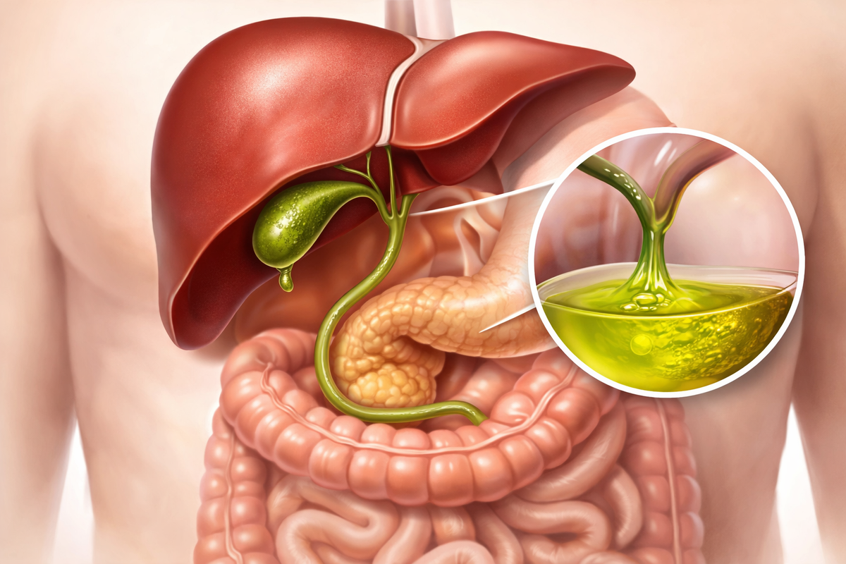 На изображении показан реальный путь желчи в организме. Она непрерывно вырабатывается в печени, накапливается в желчном пузыре и по желчному протоку поступает в двенадцатиперстную кишку — первый отдел тонкого кишечника. Здесь желчь не «льётся струёй», а дозировано смешивается с пищей, прежде всего с жирами. Её задача — эмульгировать жиры, то есть разбивать их на микроскопические капли, чтобы ферменты могли их переварить. Одновременно с этим желчь участвует в выведении избытка холестерина и продуктов обмена, которые организм не может удалить иначе. Это фоновый, постоянный процесс, от которого напрямую зависит пищеварение, уровень холестерина и общее метаболическое равновесие. Фото: Хатуна Колбая 